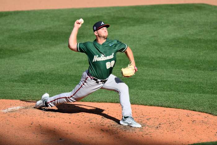 Jul 8, 2023; Seattle, Washington, USA; National League Futures relief pitcher Spencer Schwellenbach (88) of the Atlanta Braves pitches to the American League during the fifth inning of the All Star-Futures game at T-Mobile Park.